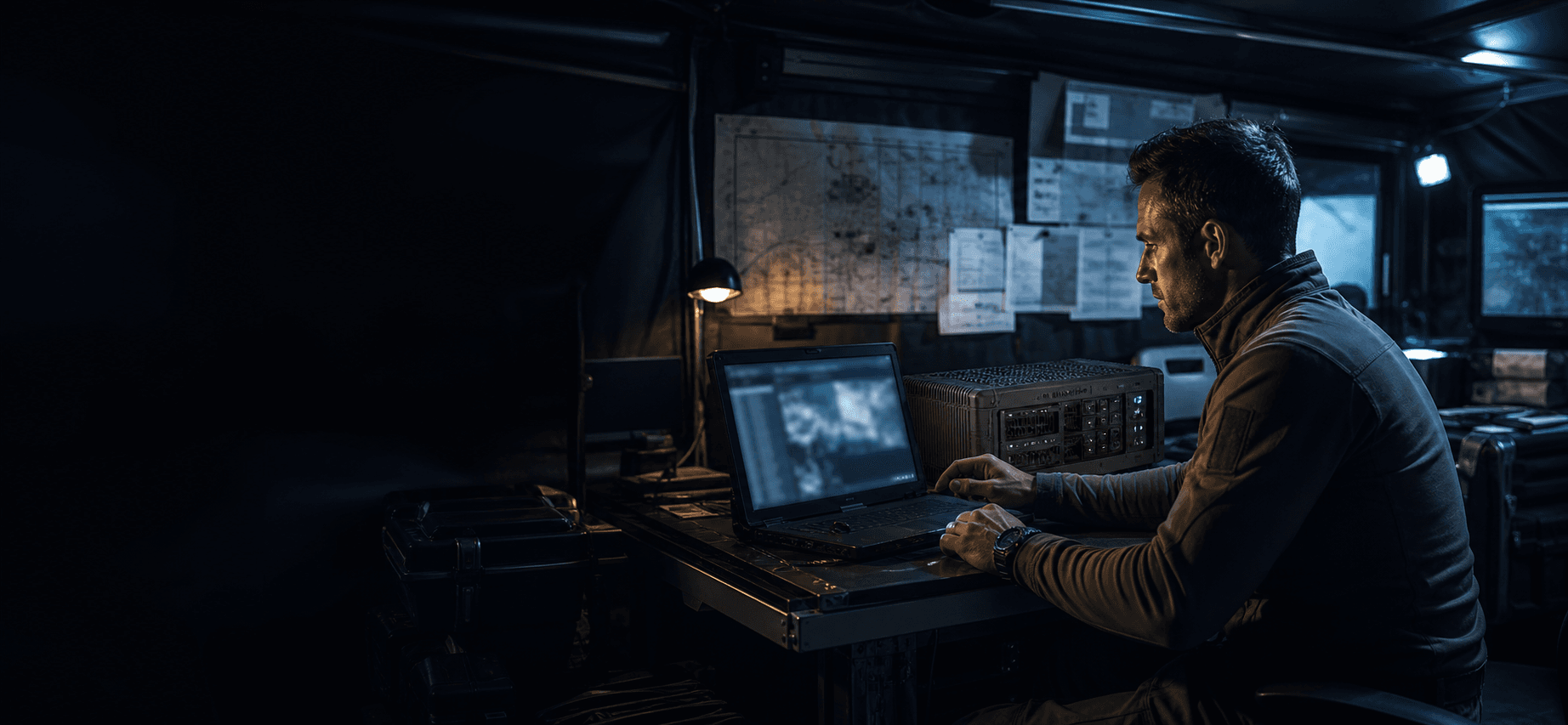 Operator using a compact local AI system in a forward mission environment